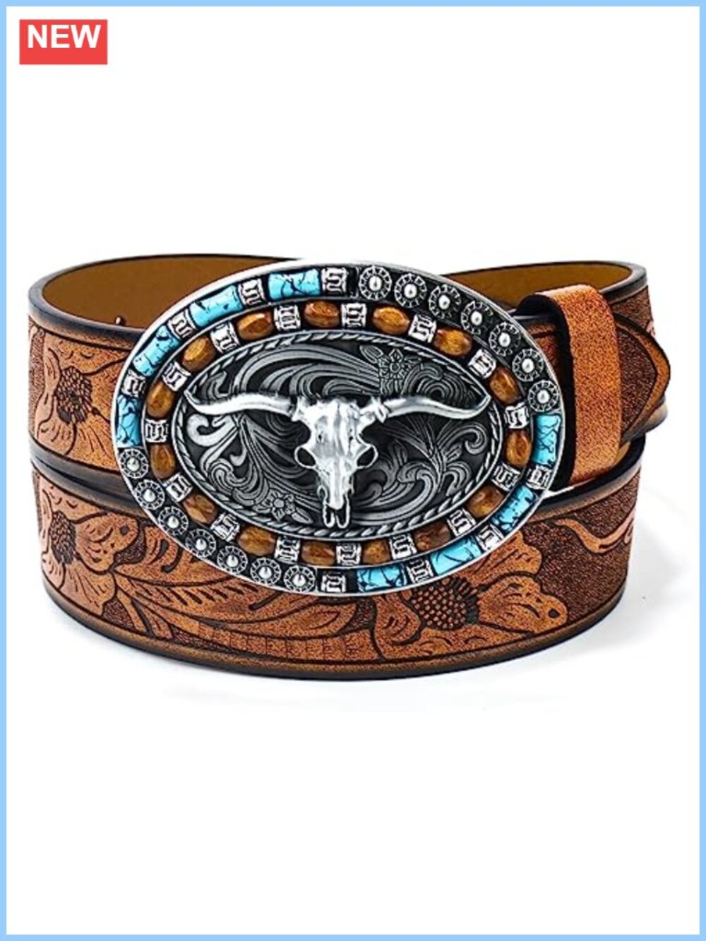 Western Leather Belt Women Turquoise Oval Buckle Embossed Adjustable